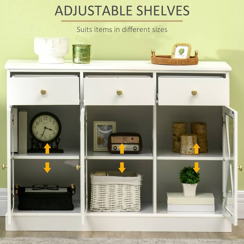 45" Farmhouse Sideboard Buffet Cabinet, Credenza,Coffee Bar Cabinet with Glass Doors and 3 Drawers, White