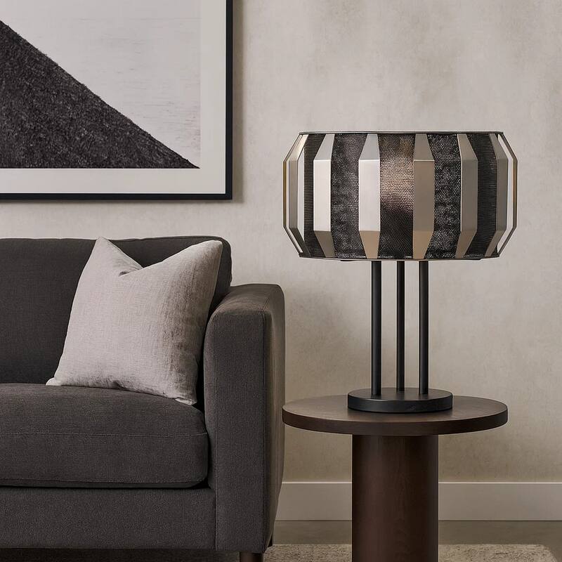 Pin 21 Inch Table Lamp, Wide Drum Metal Shade, Accent Round Base, Black