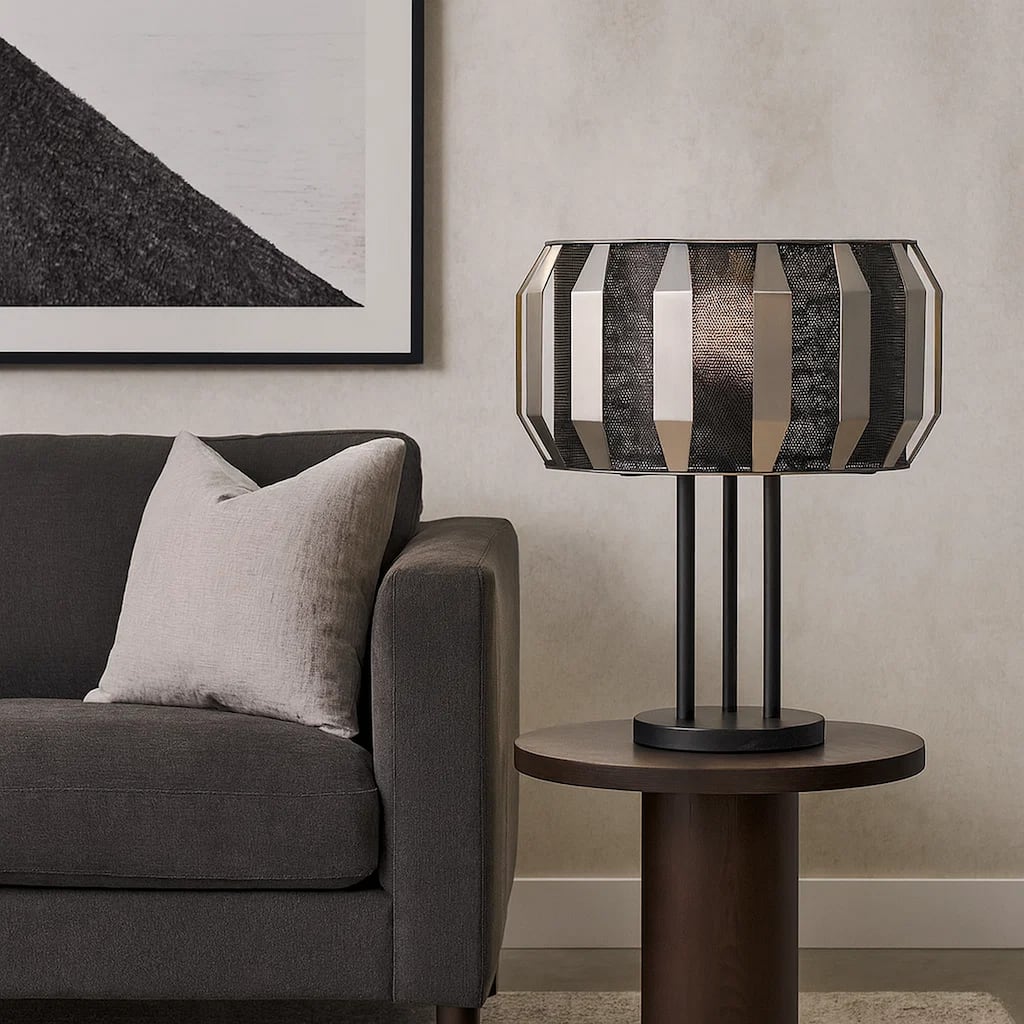 Pin 21 Inch Table Lamp, Wide Drum Metal Shade, Accent Round Base, Black