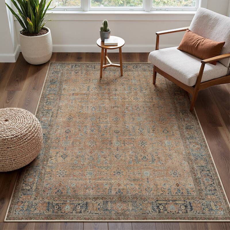 Mcow Floral Collection Machine-Washable Non-Slip Area Rug - 8' x 10' - Taupe - Rectangle