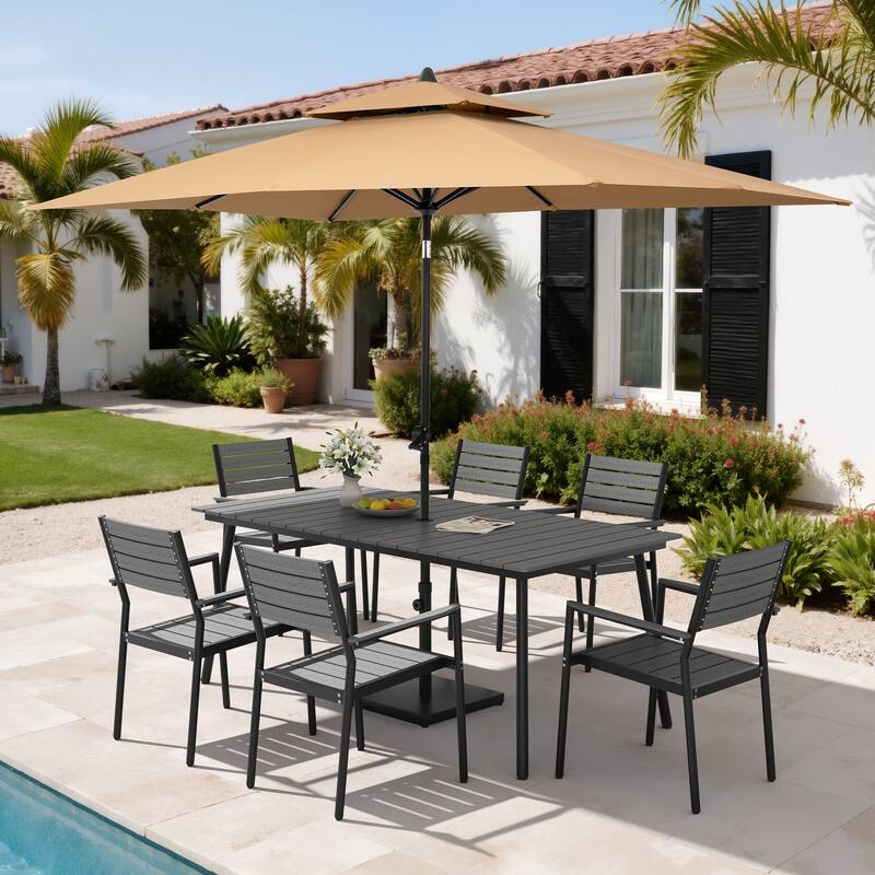 9PC Outdoor Patio Dining Set Wood-Like Aluminum Umbrella Hole Table with Stackable Armchairs,Double Top Market Umbrella and Base - GreyTable&GreyChairs&TanUmbrella