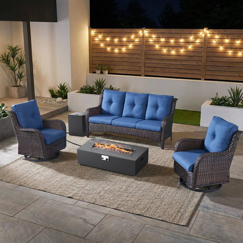 Pocassy Outdoor 5 Pieces Sofa Swivel Chair with Fire Pit Table - Brown Wicker Blue Cushion - 5-Piece Sofa Swivel Chair with Fire Pit Table