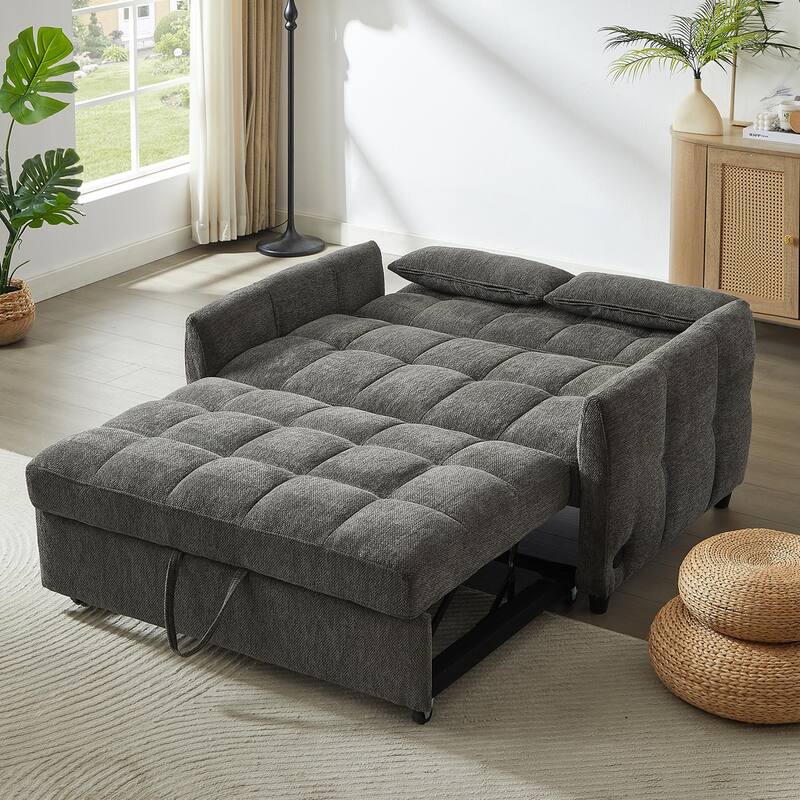 Chenille Loveseat Sofa Pull-out Sofa Bed, Upholstered Futon Sofa Adjustable Backrest Lounge Couch w3 USB Ports & 2 Pillows
