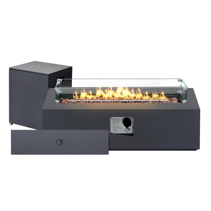 Patio Watcher iron outdoor fire pit table with gas tank cover, lid, and glass wind guard