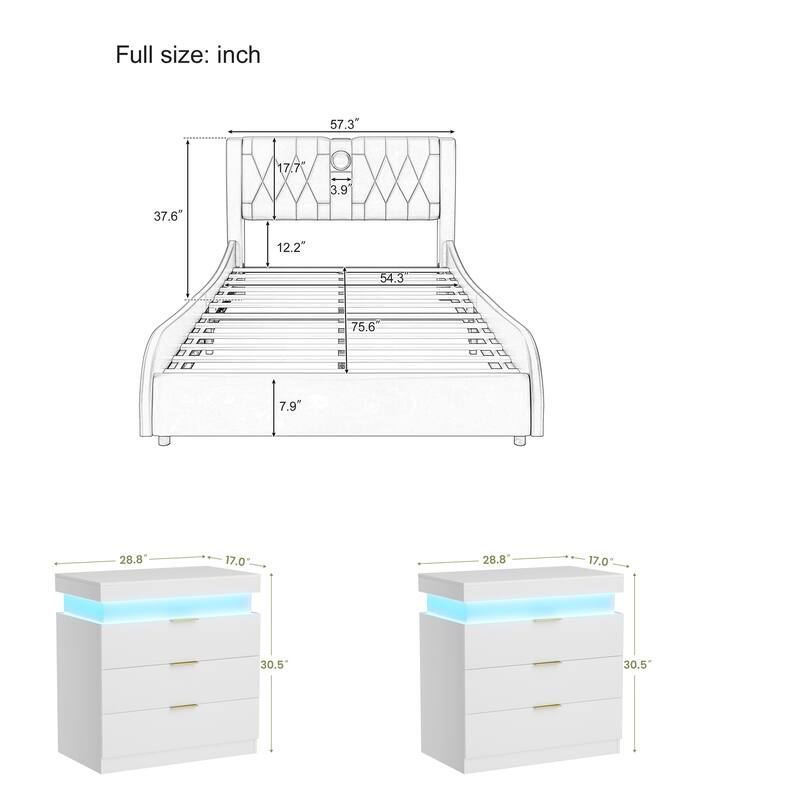 3-Pieces Bedroom Sets Platform Bed Frame with Bluetooth Speakers and RGB LED Light, Nightstands with Charging Station and LED