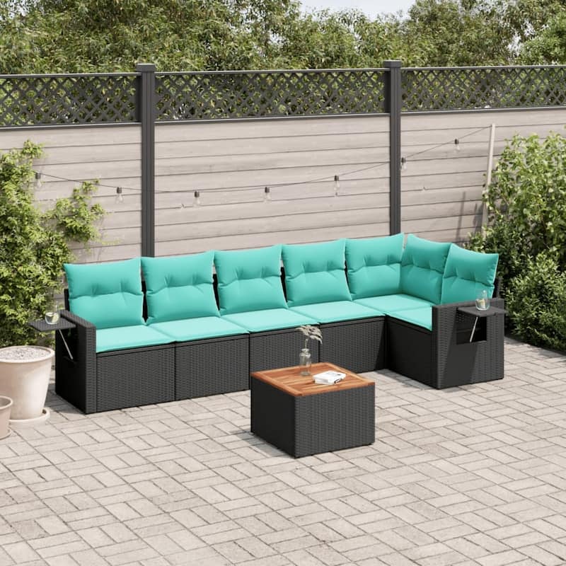 vidaXL 7 Piece Patio Sofa Set with Cushions Black Poly Rattan - 24.4" x 24.4" x 27.2" - Black and blue  - form1