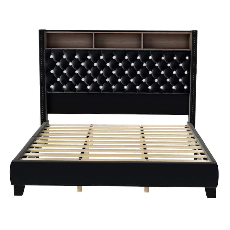 58" Tall Wingback Storage Headboard Bed Frame with USB Charging Stations and Deep Button Tufted