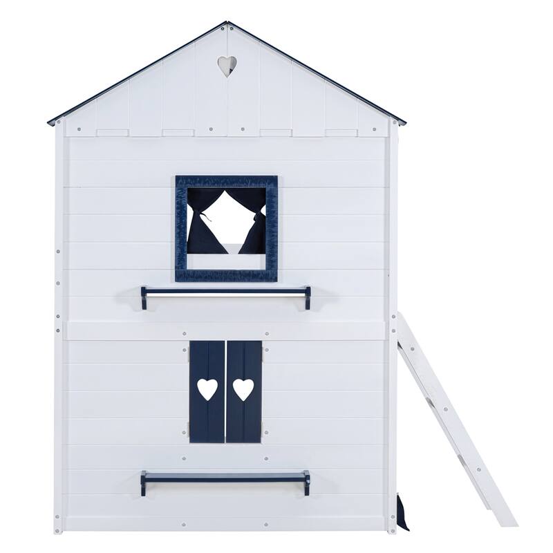 Full Size Bunk Wood House Bed with Elegant Windows, Sills and Tent