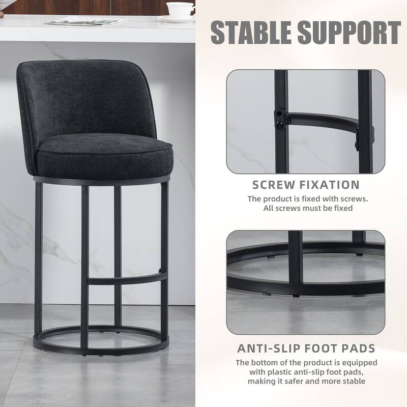 Counter Height Bar Stools Set of 2, Modern Barrel Counter Stools with Backrest, Linen Fabric Upholstered Accent Bar Stools