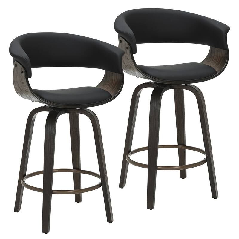 Mid-Century Modern Faux Leather & Bentwood 26" Counter Stool with Swivel, Set of 2