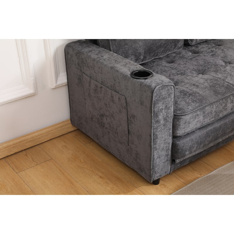 Sofa Bed with Pull-Out Straps, Velvet Sleeper Sofa with Side Storage Bags, Convertible Lounge Chaise Loveseat Daybed