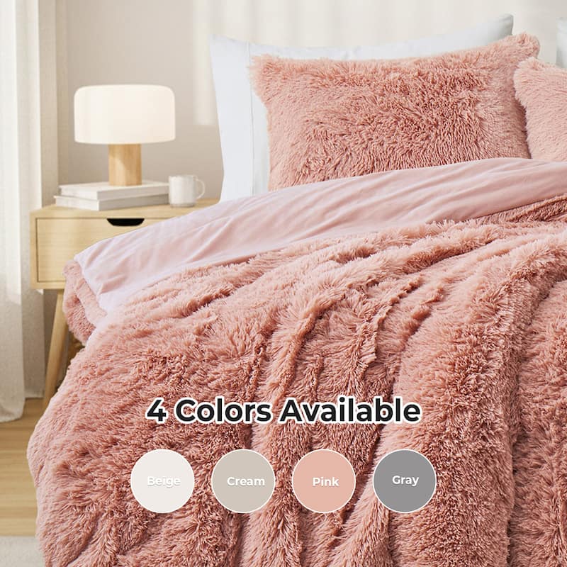 Fluffy Shaggy Reversible Faux Fur Comforter Set, Fuzzy Plush Bedding Set