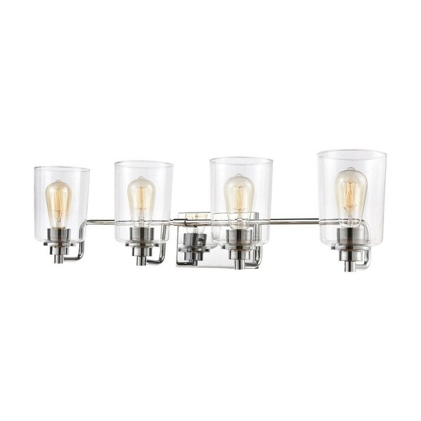 Rustic Four Light Bath Vanity with Bell Shaped Clear Glass Exposed Bulbs Straight Arm Rectangular. Opens flyout.