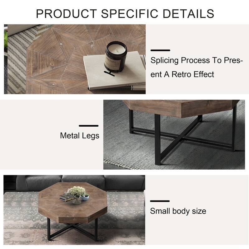 30" Octagonal Wood Coffee Table with Cross Metal Base, Farmhouse Vintage Style