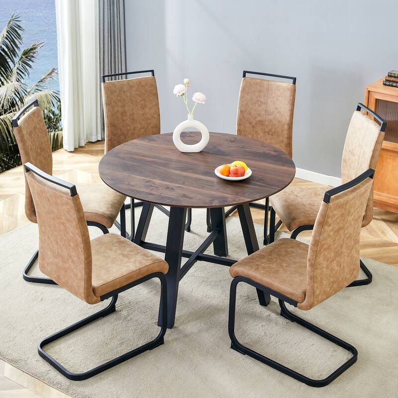 7-Piece Dining Table Set, 42" Minimalist Kitchen Round Table with 6 Armless Chairs, Wood Table & Chairs Set for Dining Room - Black,Walnut