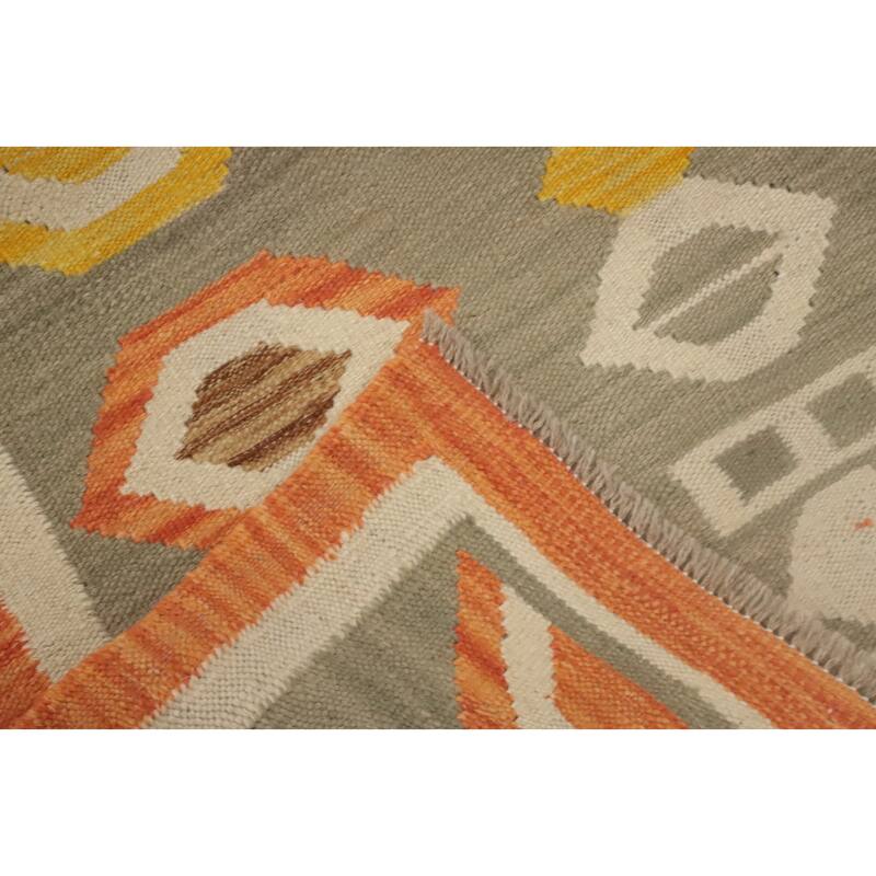 Hand Woven Oriental 100% Wool Carpet Southwestern Tribal Greys & Charcoal Kilim Runner Rug - 11' 6'' X 2' 8''