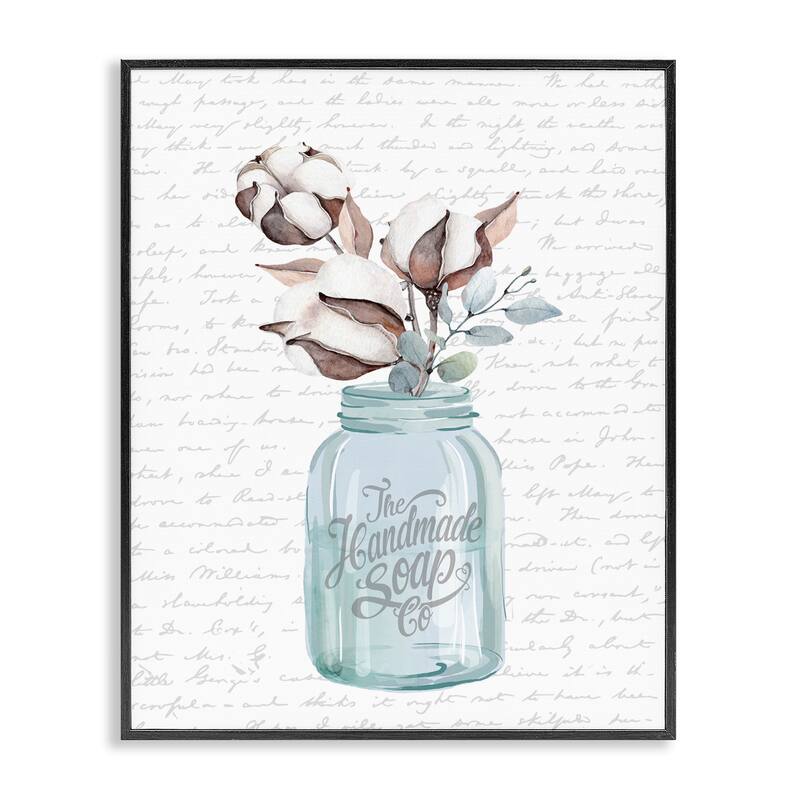 Stupell Handmade Soap Jar Cotton Flower Bathroom Word Design Framed Wall Art, Design By Artist Lettered and Lined - Grey - 16 x 20 - Black