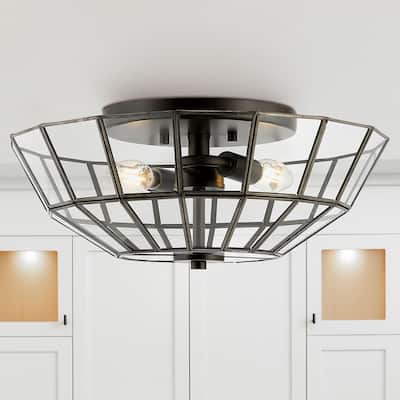 Eivissa 15.5" 2-Light Farmhouse Rustic Iron/Glass LED Semi Flush Mount, Oil Rubbed Bronze/Clear by JONATHAN Y