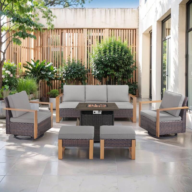 Pocassy Outdoor 30" Fire Pit Table with Sofa Swivel Chair Set - Brown Wicker Gray Cushion - 6-Piece Sofa Swivel Chair Ottoman with Fire Table