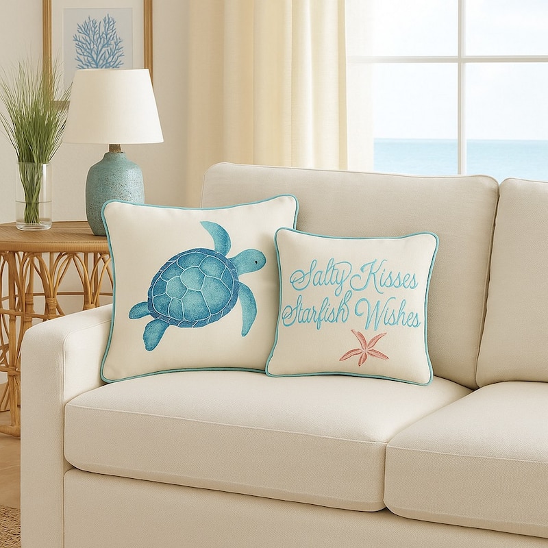Salty Kisses & Starfish Wishes Embroidered Coastal Decorative Throw Pillow