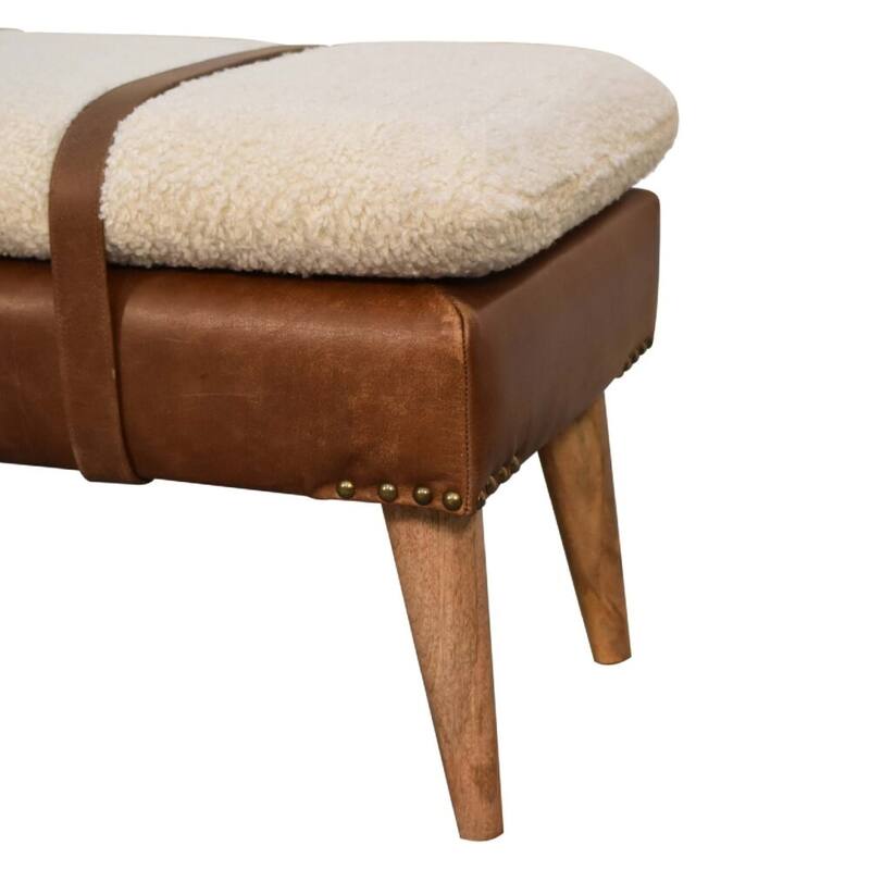 Artisan furniture soild wood,leather Boucle Buffalo Hide Leather Bench