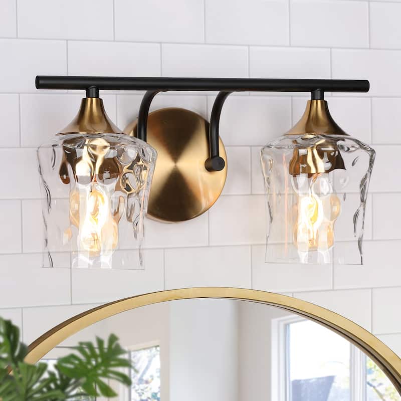 Modern Black Gold Bathroom Vanity Light Hammered Glass Wall Sconces Lamps with 1/2/3/4 Lights - 14"