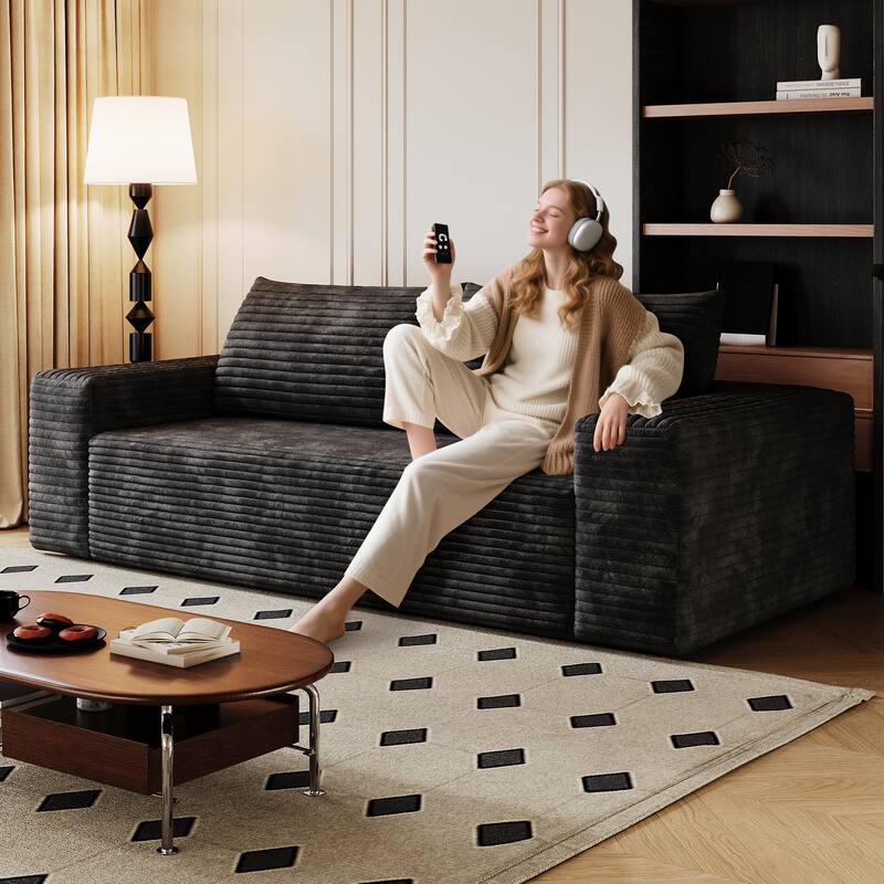 63 Inch Corduroy Fabric Sofa, Deep Seat Loveseat, No Assembly, Black for Living Room, Bedroom, Apartment