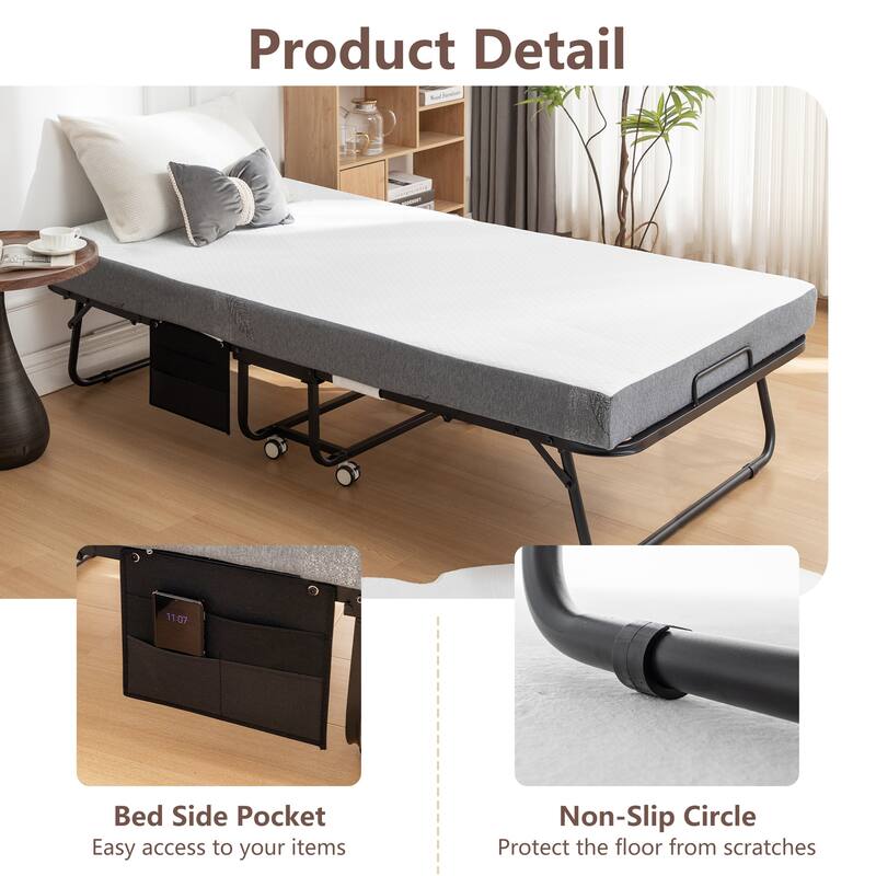 Folding Bed with Mattress, SPortable Foldable Bed with Storage Cover, SRollaway Bed with Memory Foam Mattress and Metal Frame