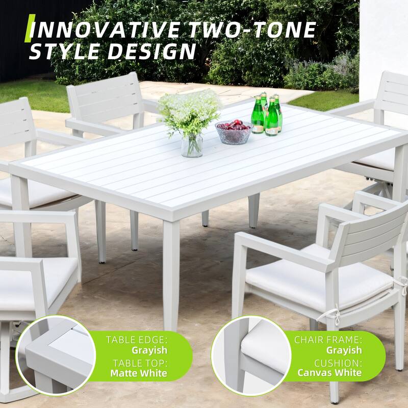 GDFStudio - Matte White & Grayish 7-Piece Patio Aluminum Dining Set with Sunbrella Cushions