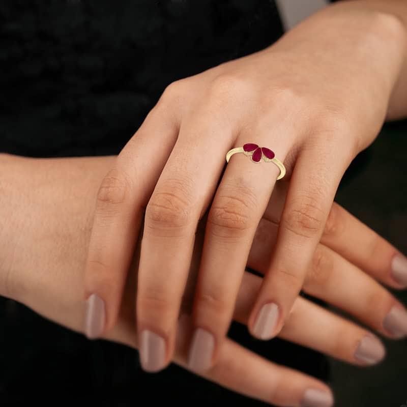 Marquee Jewels Ruby Pear Shape Three Stone Ring in 10K Yellow Gold