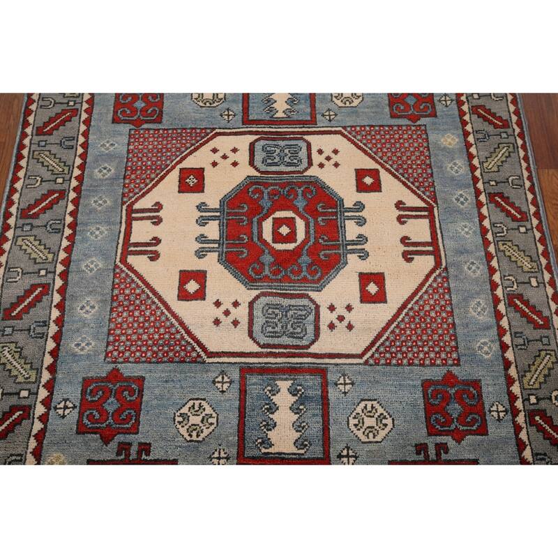 Blue Geometric Kazak Oriental Accent Rug Hand-Knotted Wool Carpet - 3'7" x 5'0"