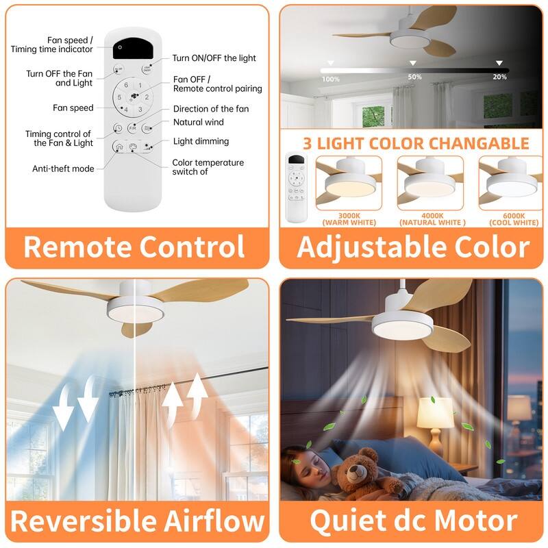 47 in. Modern Ceiling Fans in Black/White with 22W 3-Color LED Light, Remote Control & Reversible DC Motor