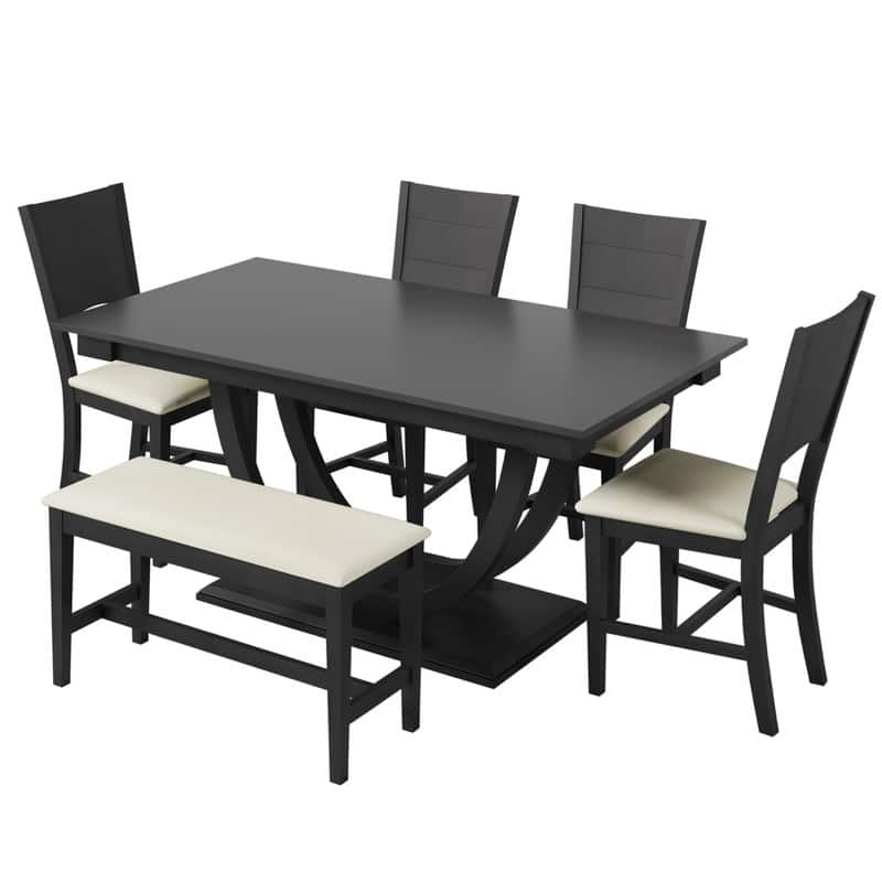 Modern 6-Piece Half-Round Dining Set – Wood Table with Long Bench & 4 Matching Chairs‌ - Grey
