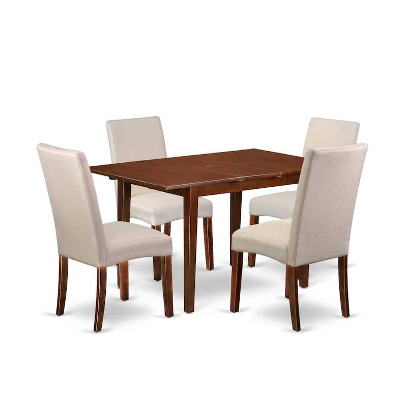 Vintage Dinette Set 5Pc Rectangle Table & 4 Chairs - Linen Fabric Cream - Mahogany Legs - 42" Table with Leaf