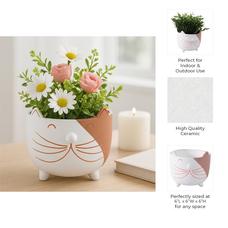 Artistic Kitty Whiskers Footed Planter - 6", White & Pink - 6.0"