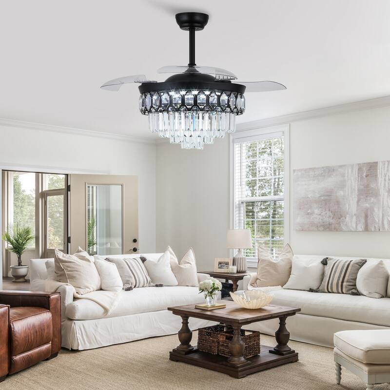 48" Crystal Fandelier Ceiling Fan with Light and Retractable Blades LED Dimmable for Bedroom Living Room - 48 Inches