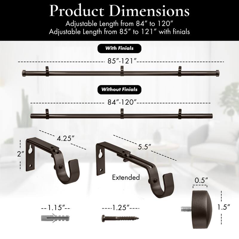 Meriville 1-Inch Diameter End Cap Single Window Curtain Rod