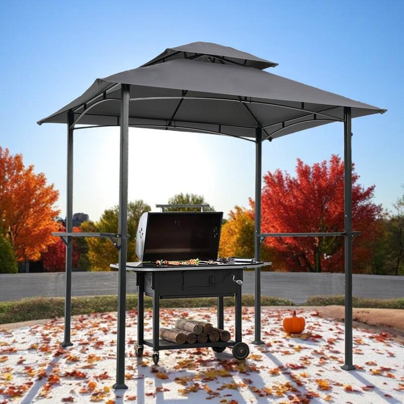 Outdoor Grill Gazebo 8x5 Ft, Double Tier Soft Top Canopy with Steel Frame, Bar Counters & Hook for BBQ