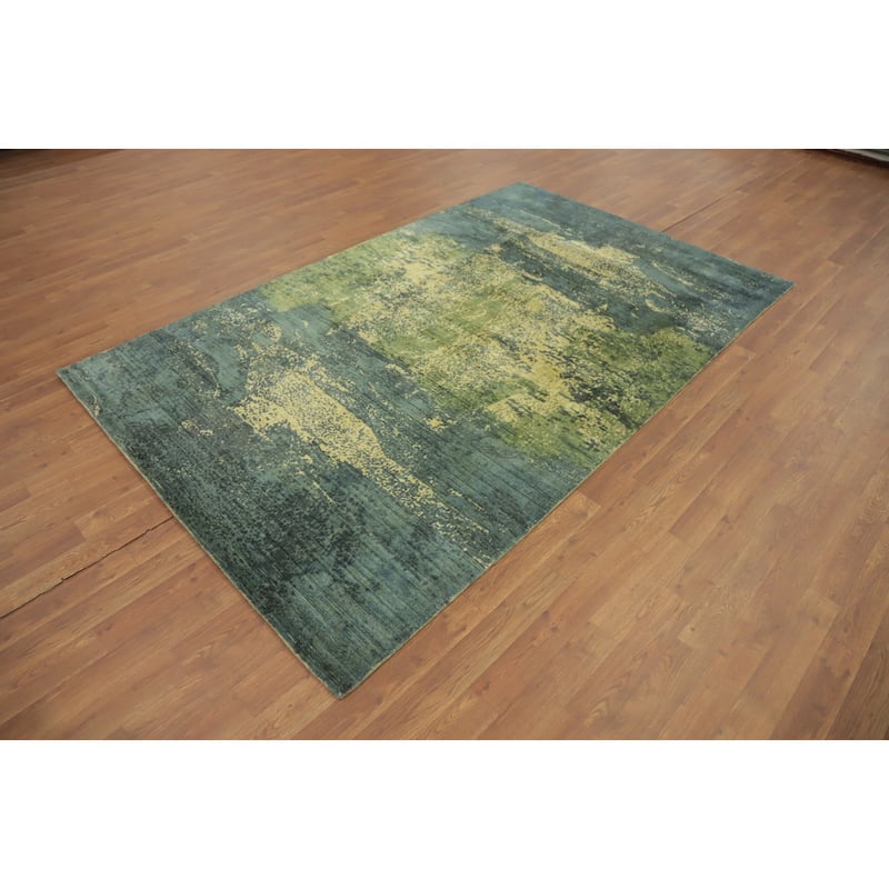 Hand-knotted Modern Silk Green Abstract Area Rug Oriental Carpet - 8' 0'' X 4' 10''