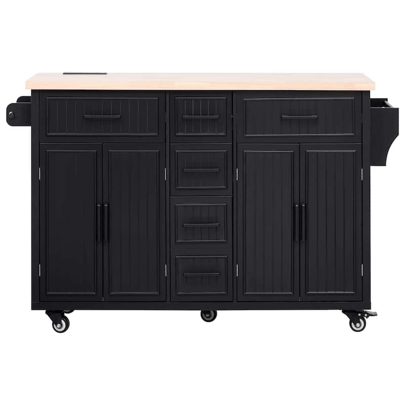 Rolling Kitchen Island with Drop Leaf & Power Outlet, Mobile Kitchen Cart on Wheels, Coffee Bar Cabinet with 4 Doors & 5 Drawers