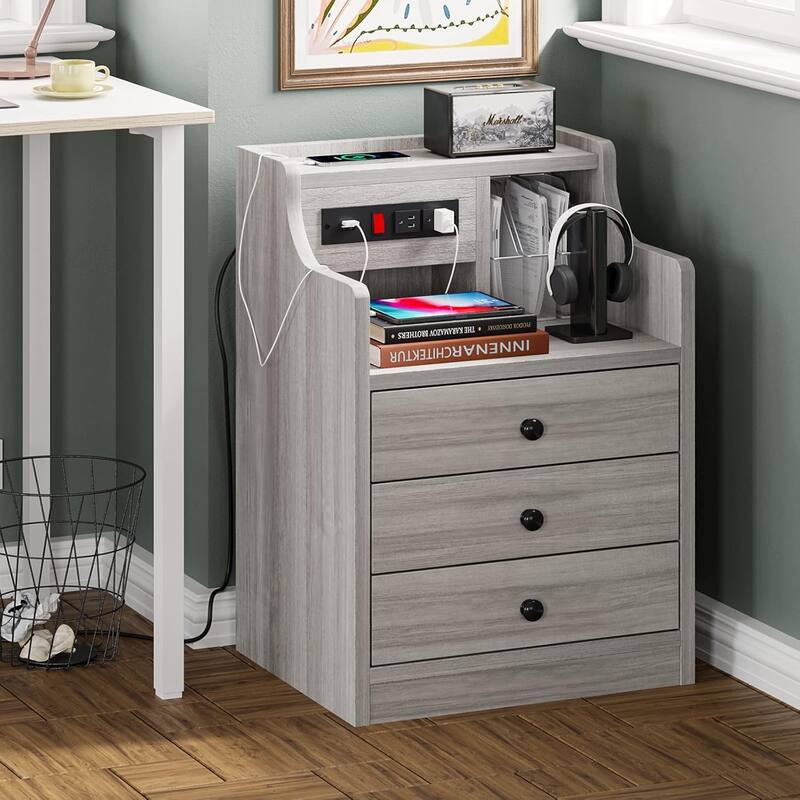 Nightstand with Drawers Charging Station End Side Table with Hutch