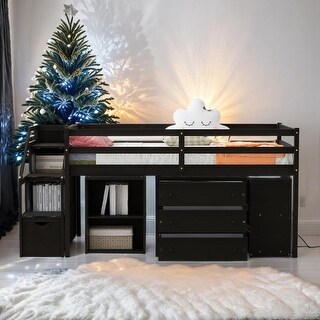 Artsy Full Size Loft Bed with Retractable Writing Desk and 3 Drawers, Wooden Loft Bed with Storage Stairs and Shelves, Espresso