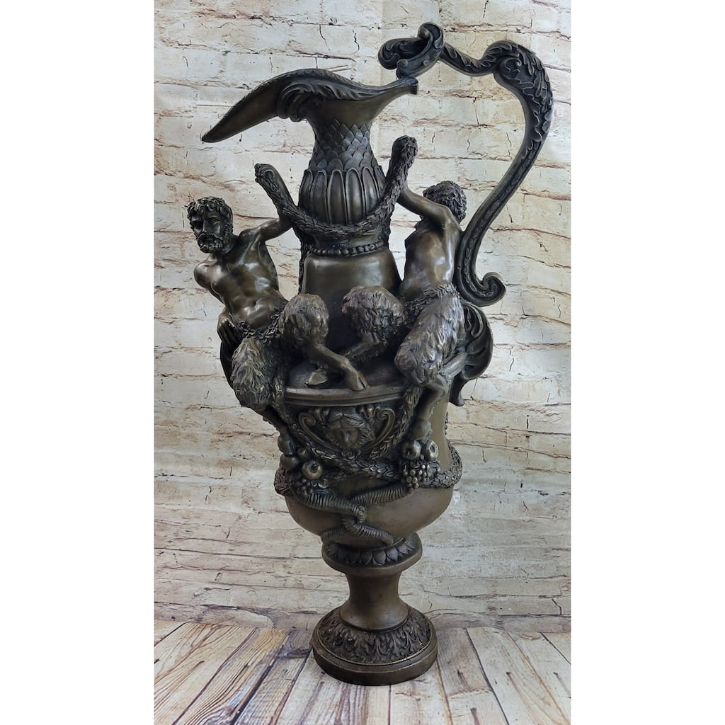 Bronze Urn Sculpture Two Satyr Faun Figures Ornate Art Auguste Moreau 24 Inches X 14 Inches