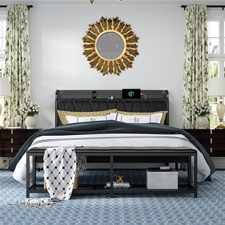 VECELO Modern Bed Frame with Storage Bench PU Leather Upholstered Headboard with Charging Stations Noise-Free Heavy Duty Bed