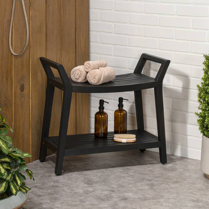 Orla 25.6" Slatted Solid Acacia Wood Indoor/Outdoor Shower Bench, Shelf, Handle, By JONATHAN Y - 25.59L x 12.01W x 23.03H