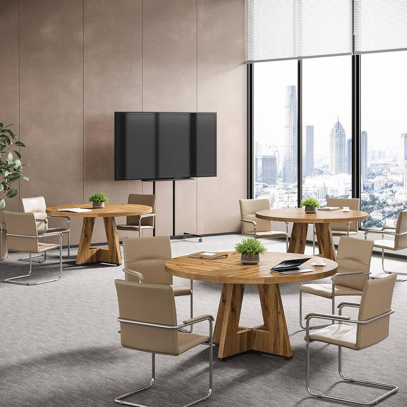 47" Round Conference Table Meeting Room Table with Thickened Top Wood Base Modern Training Desk for Conference/Seminar Room