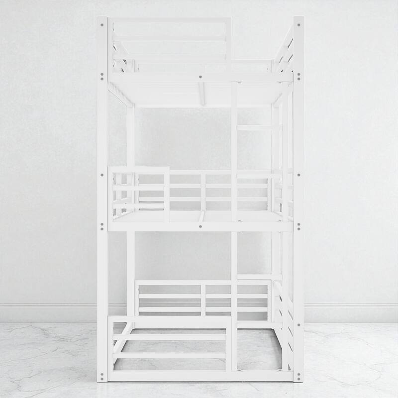Metal Triple Bunk Bed Twin/Full/Twin XL/Queen with Safety Guardrails, Noise-Free Slats, Heavy Duty Frame