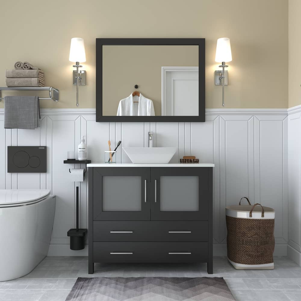Vanity Art 36" Single Sink Bathroom Vanity Set with Engineered Marble Top Free Mirror - 36 x 18.5 x 36 Inches