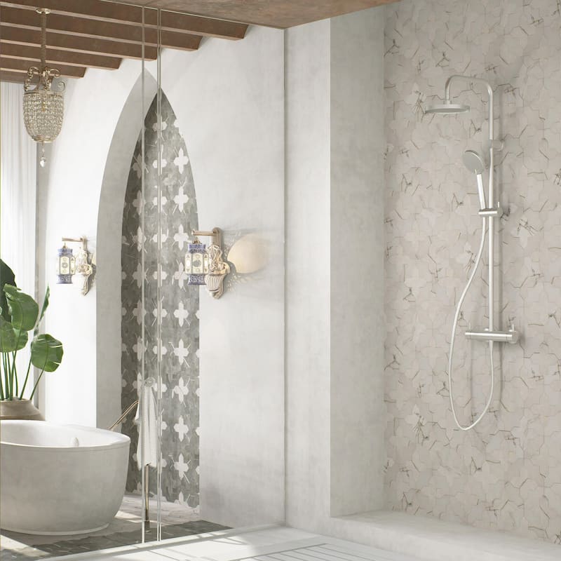Merola Tile Istanbul Templar Shield Day with Day Cross 8-3/8" x 8-3/8" Porcelain Floor and Wall Tile - Case (36 Tiles) - Case (36 Tiles)