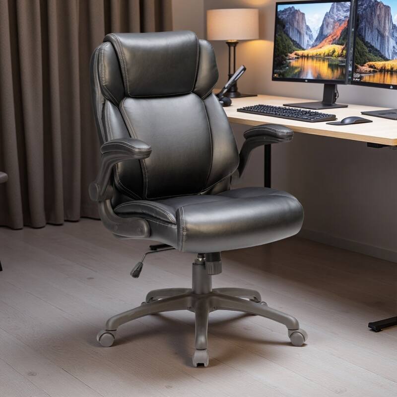 Bonded Leather Office Chair with Butterfly Mechanism and Adjustable Armrests - Black